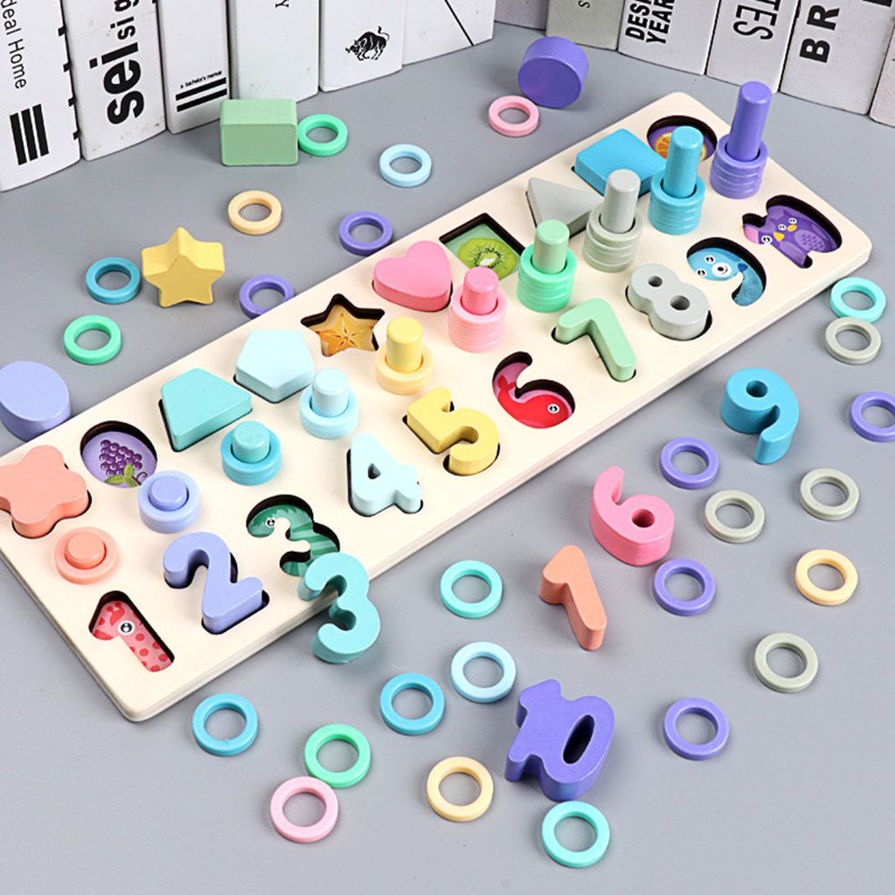 3 In 1 Wooden Puzzle Stacking Board Color Shape Matching-