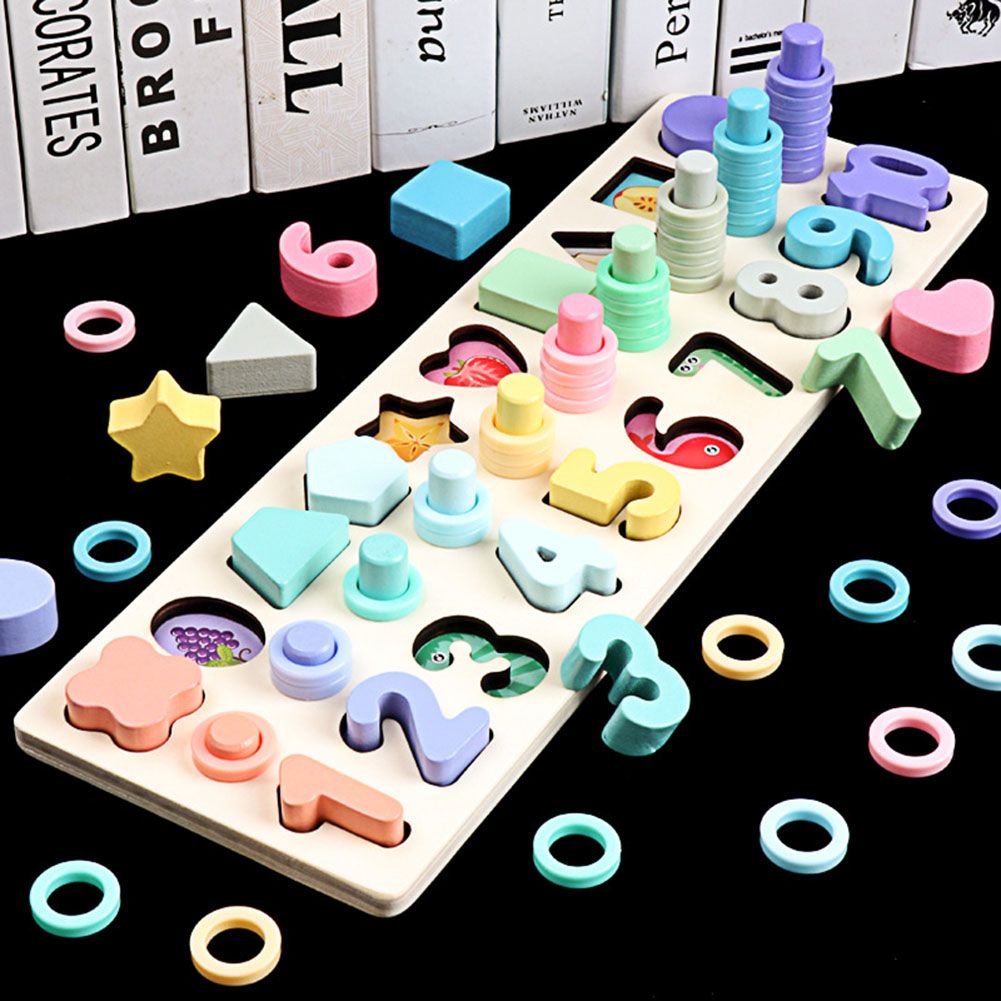3 In 1 Wooden Puzzle Stacking Board Color Shape Matching-