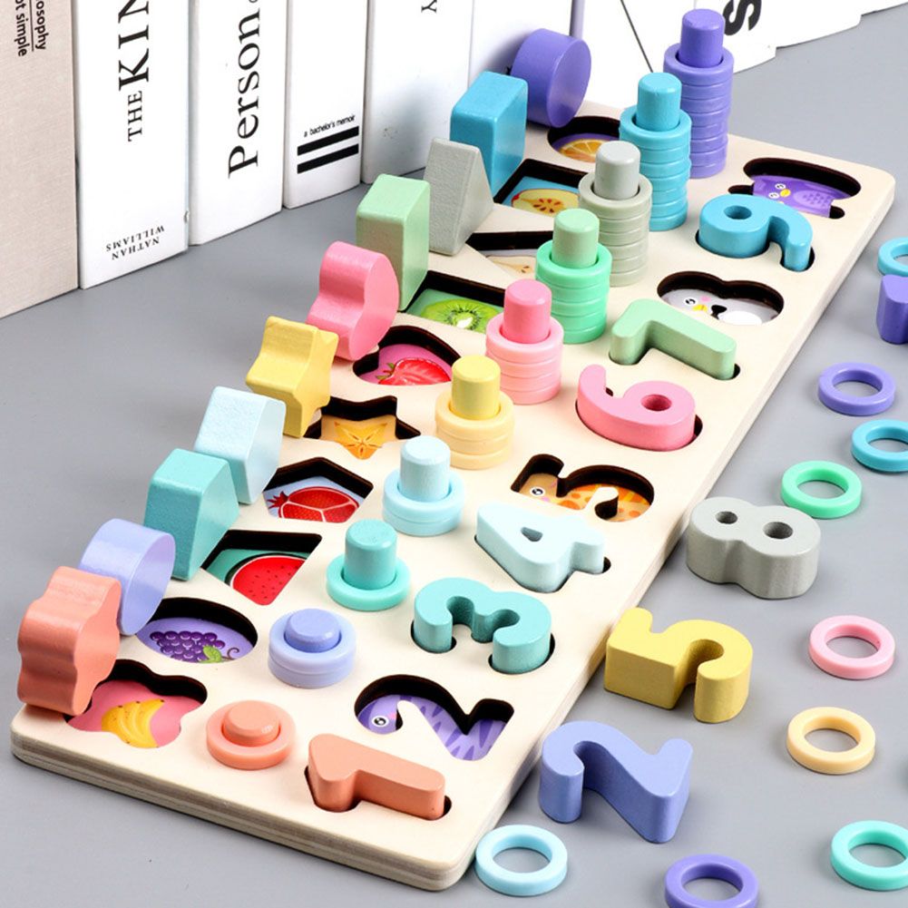 3 In 1 Wooden Puzzle Stacking Board Color Shape Matching-