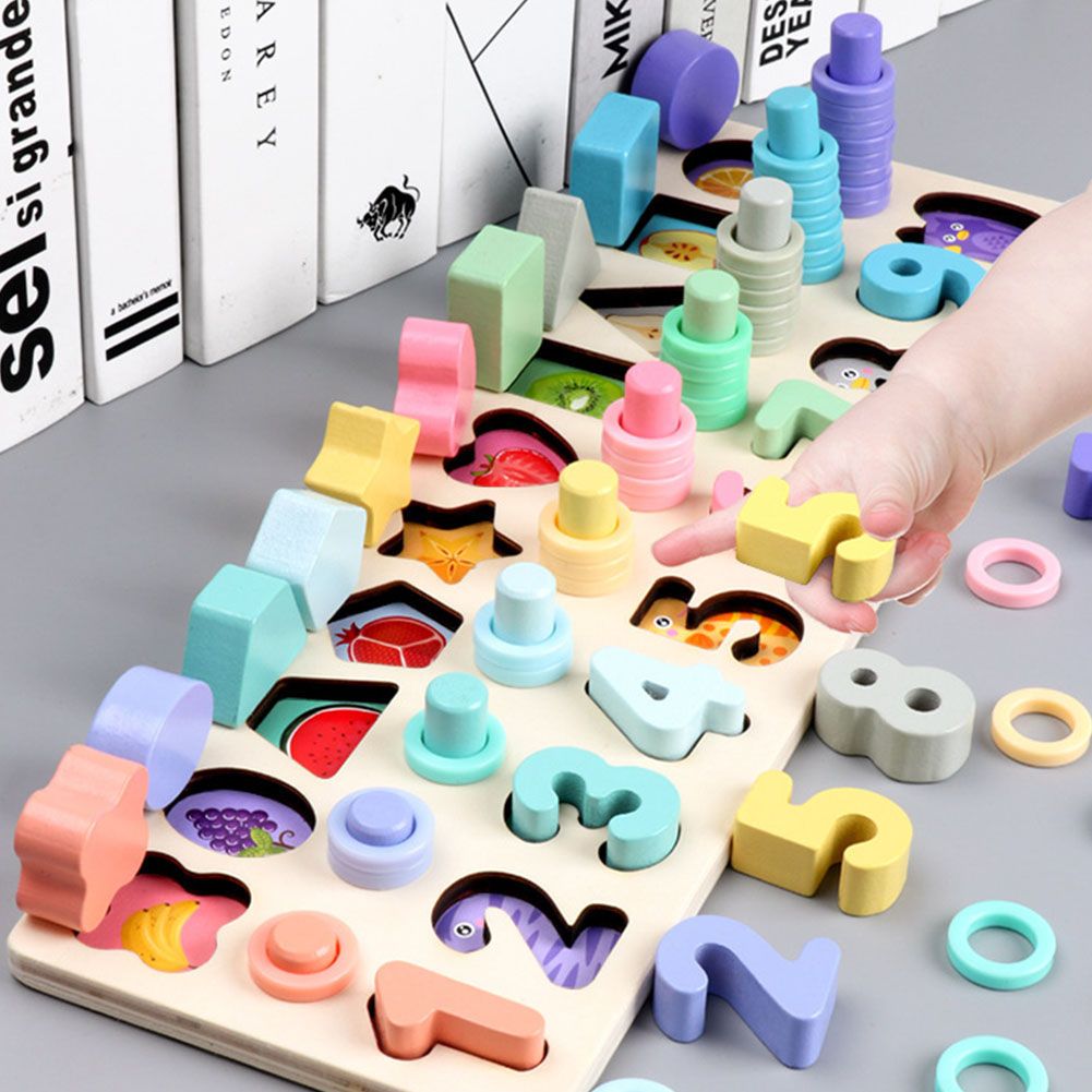 3 In 1 Wooden Puzzle Stacking Board Color Shape Matching-
