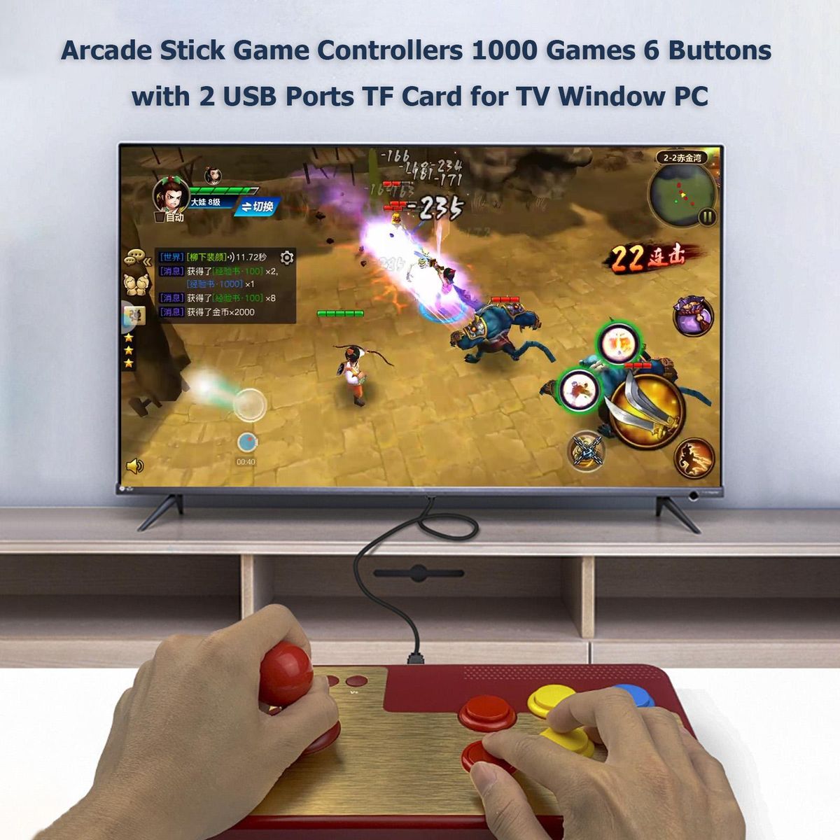 Arcade Fight Stick Joystick Hand Control Nostalgic Game Console Arcade Stick Game Controllers 1000 Games 6 Buttons with 2 USB Ports TF Card for TV Window PC