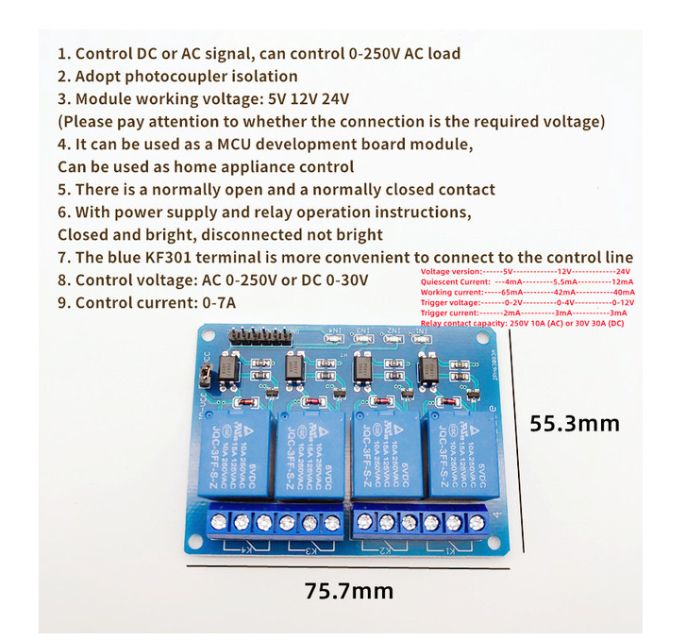 Low Level Trigger Relay Module,5V,4 Channels Optocoupler