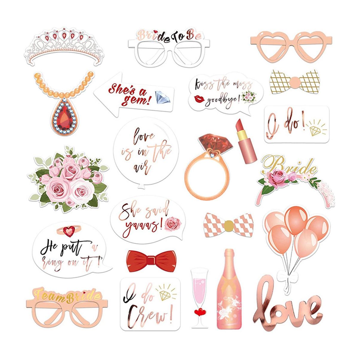 23PCS Wedding Photo Booth Props Bridal Shower Party Decorations Selfie Station for Wedding Party Game Accessories