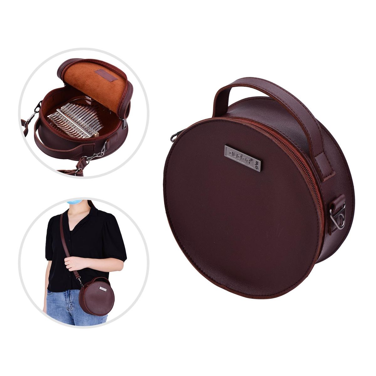 Portable Stylish Thumb Piano Soft Case PU Leather Circle Shape Kalimba Storage Bag Multi-Functional Round Gig Bag with Adjustable Strap Dark Brown