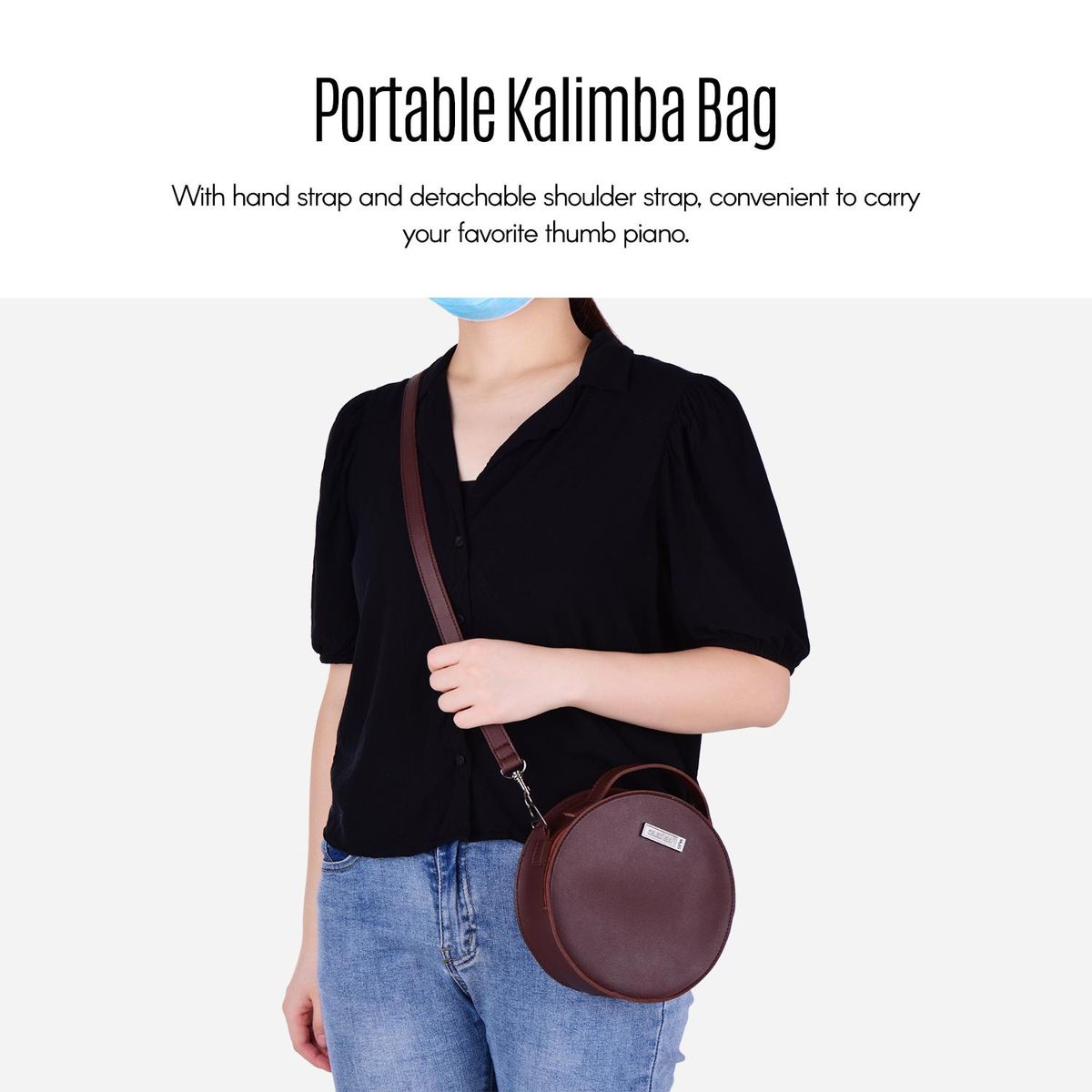 Portable Stylish Thumb Piano Soft Case PU Leather Circle Shape Kalimba Storage Bag Multi-Functional Round Gig Bag with Adjustable Strap Dark Brown