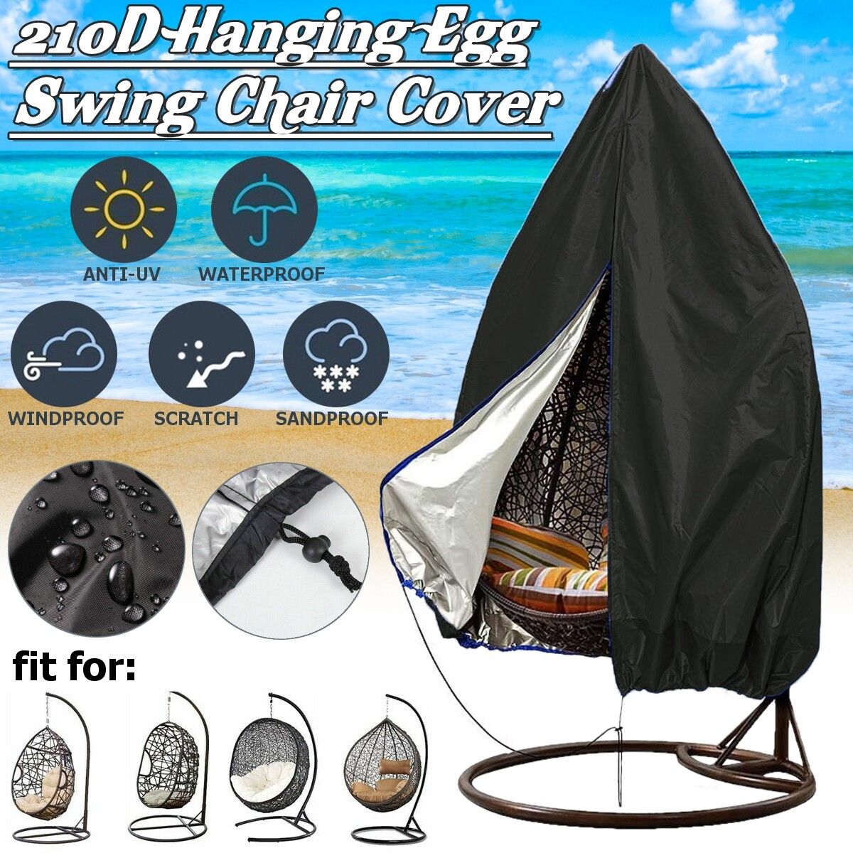 210D Patio Hanging Egg Swing Chair Cover Windproof Protector Outdoor Indoor