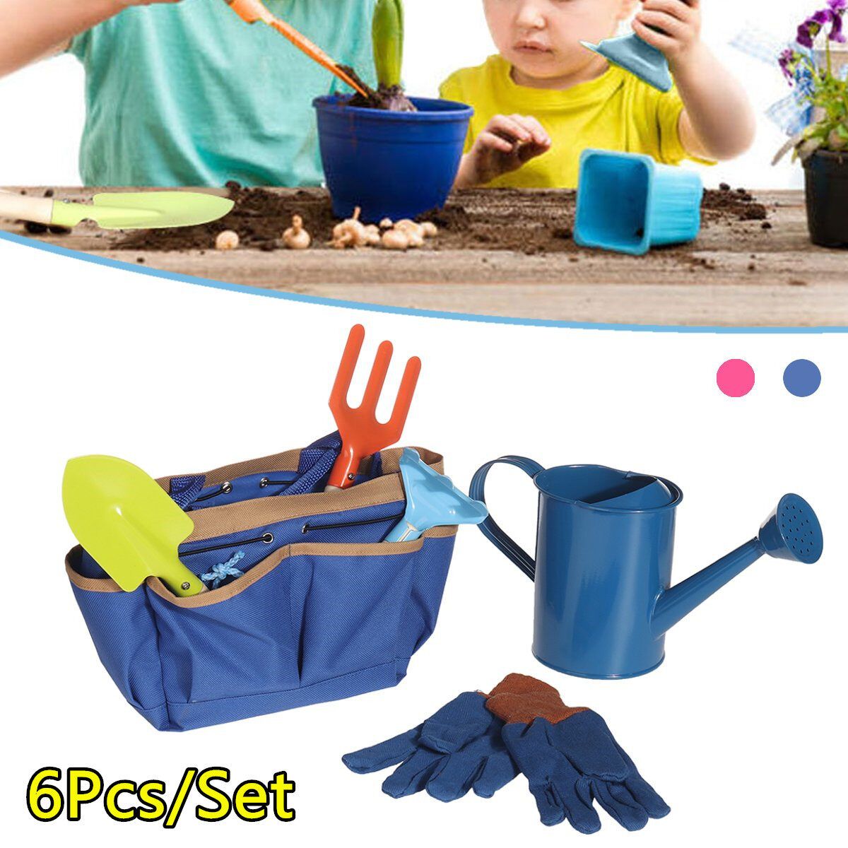 6Pcs Kids Gardening Tools Children Shovel Spade Fork Set Watering Can Tote Bag Garden Yard Blue