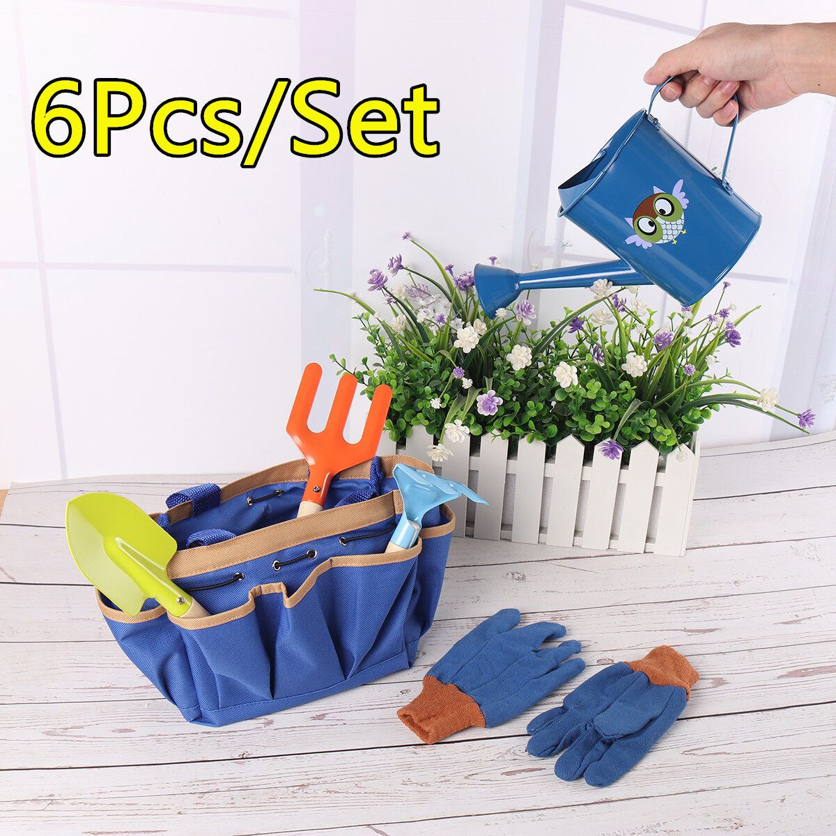 6Pcs Kids Gardening Tools Children Shovel Spade Fork Set Watering Can Tote Bag Garden Yard Blue