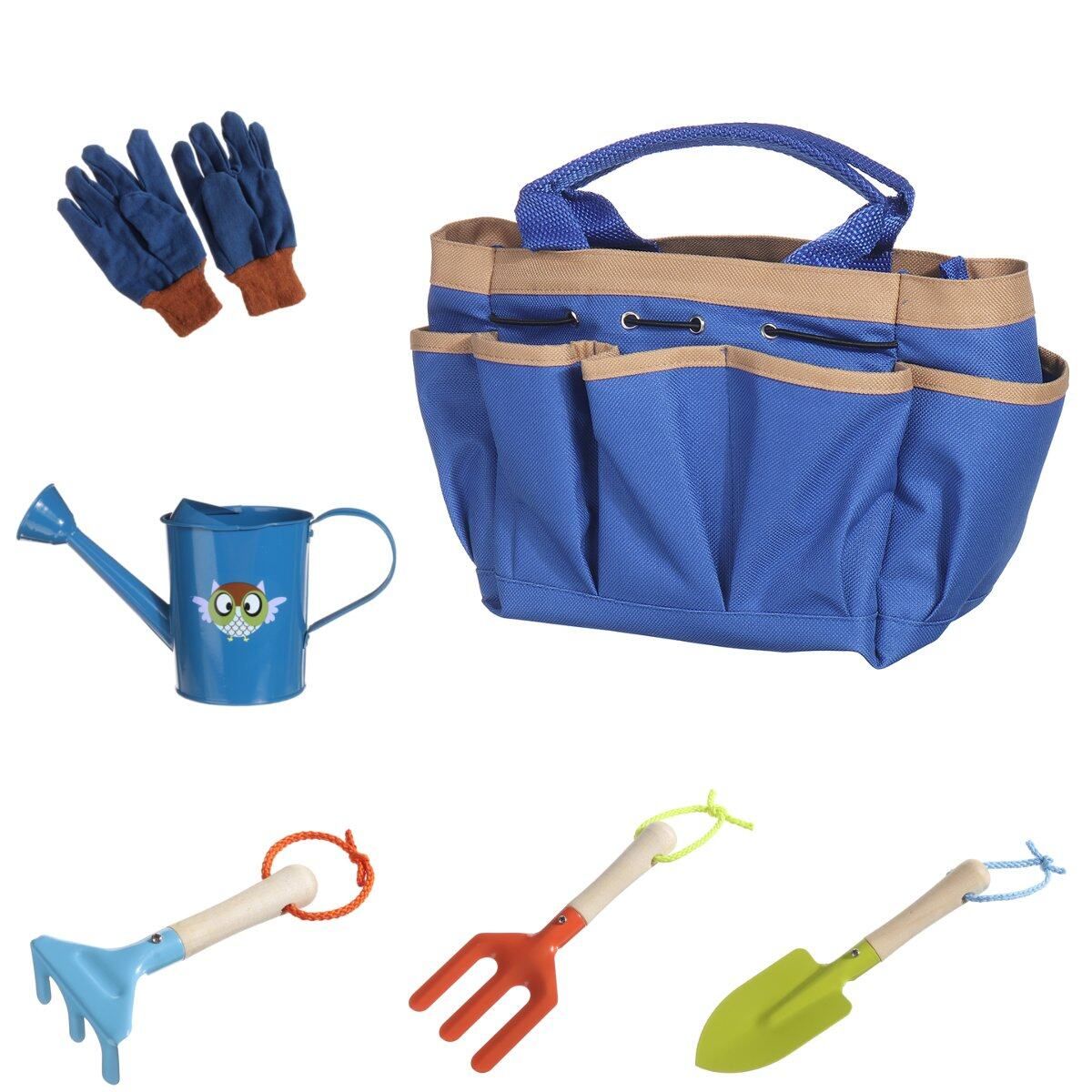 6Pcs Kids Gardening Tools Children Shovel Spade Fork Set Watering Can Tote Bag Garden Yard Blue