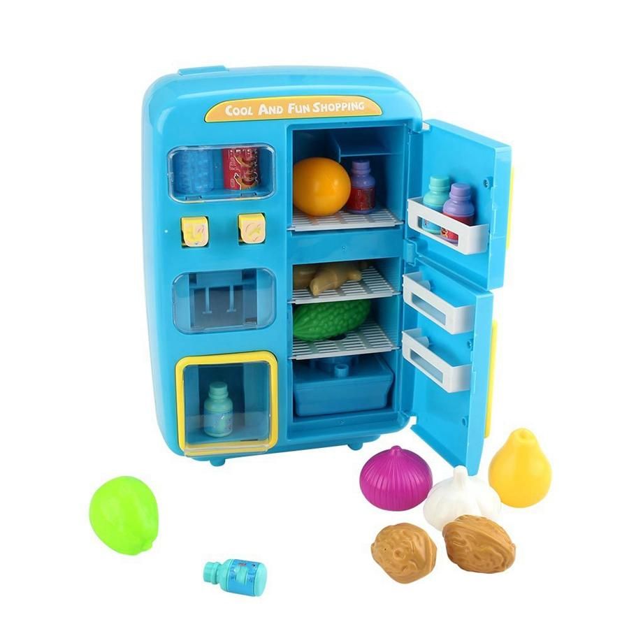 Simulation Refrigerator Set Children Pretend Play House Cooking Tools Tableware Set Fruit Toy Girl Doll House Play Toy-Blue