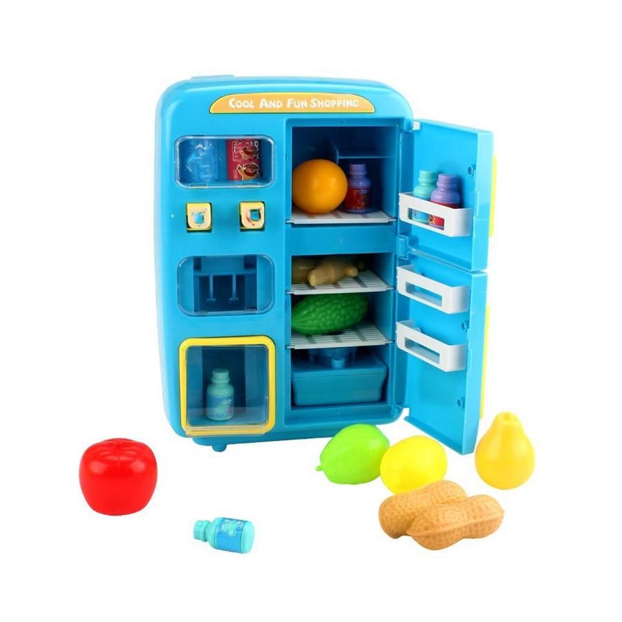 Simulation Refrigerator Set Children Pretend Play House Cooking Tools Tableware Set Fruit Toy Girl Doll House Play Toy-Blue