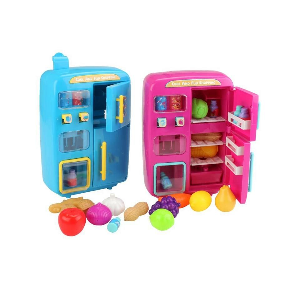 Simulation Refrigerator Set Children Pretend Play House Cooking Tools Tableware Set Fruit Toy Girl Doll House Play Toy-Blue