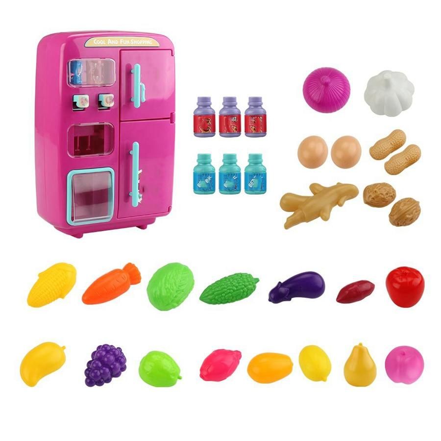 Simulation Refrigerator Set Children Pretend Play House Cooking Tools Tableware Set Fruit Toy Girl Doll House Play Toy-Blue