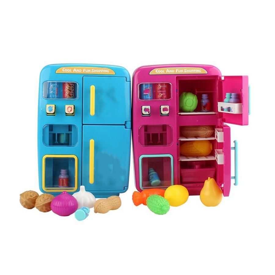 Simulation Refrigerator Set Children Pretend Play House Cooking Tools Tableware Set Fruit Toy Girl Doll House Play Toy-Blue