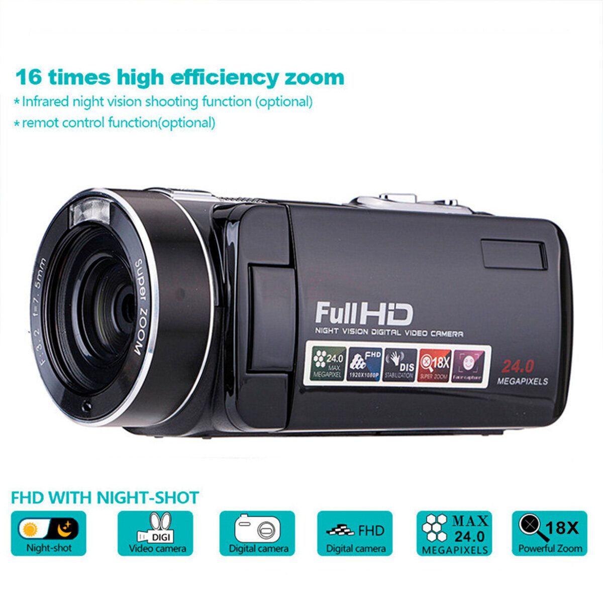24MP HD 1080P 18X 3.0" Digital DV Camcorder Video Recorder Camera Infrared Night Black