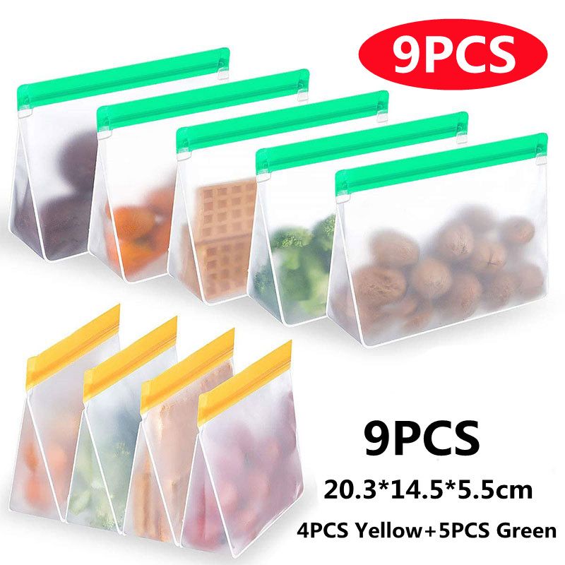 PEVA Food Silicone Bag Reusable Freezer Stand Up-9Pcs 20.3x14.5x5.5cm