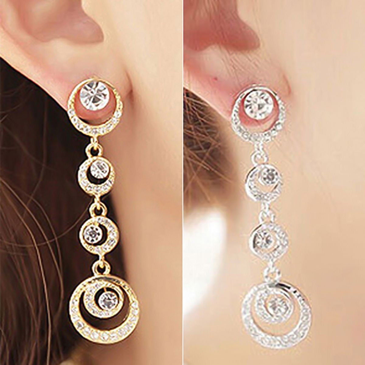 Stud Earrings Circle Dangle Dazzling Rhinestone Women Long Drop Ear Studs Jewelry For Wedding-Golden