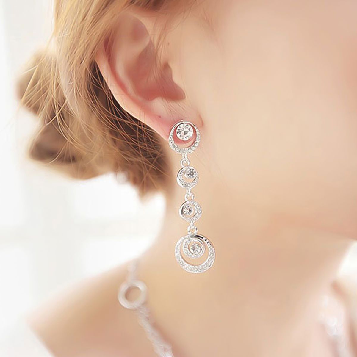 Stud Earrings Circle Dangle Dazzling Rhinestone Women Long Drop Ear Studs Jewelry For Wedding-Golden