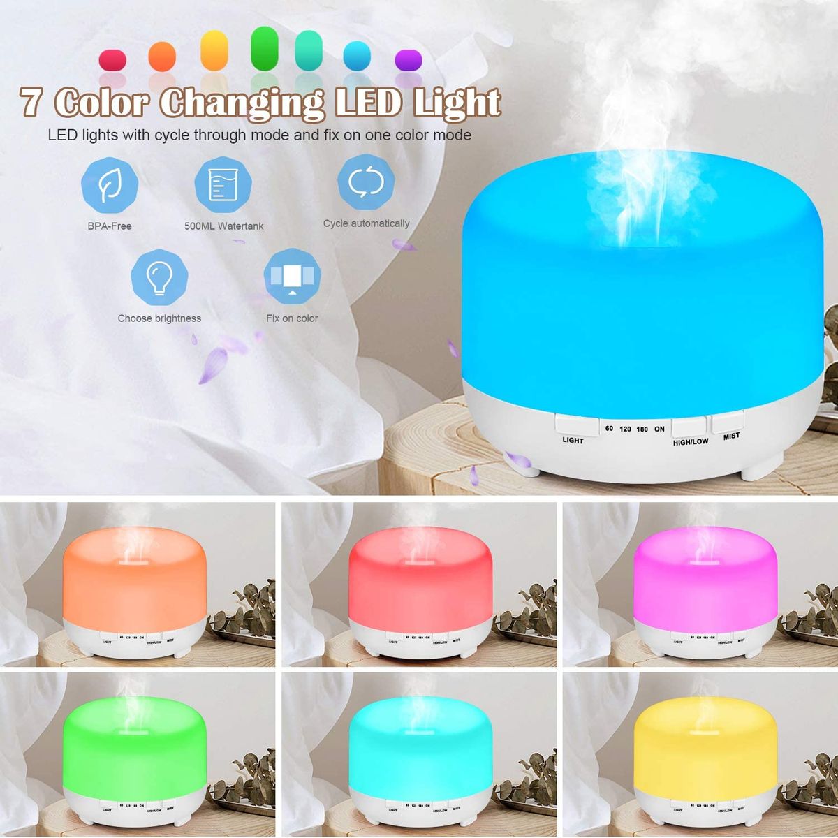 500ml Colorful Lights Diffuser Ultrasonic Humidifier/Remote