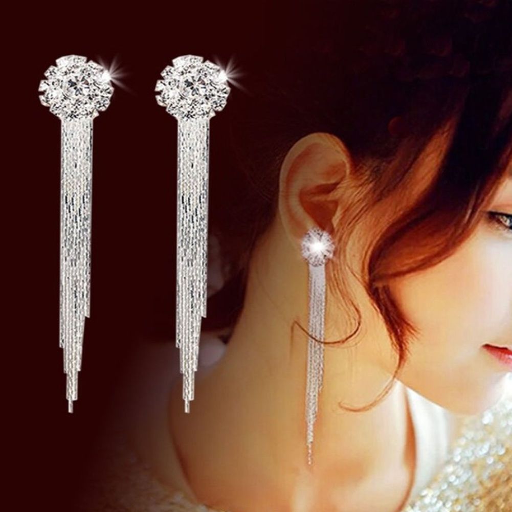 Women Shiny Rhinestone Long Tassel Dangle Stud Earrings Fashion Bride Jewelry-Silver