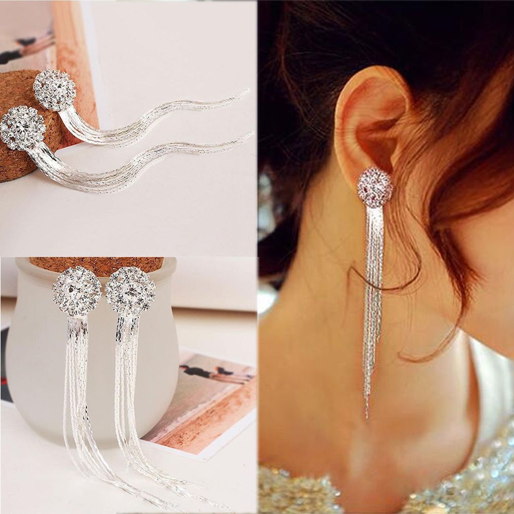 Women Shiny Rhinestone Long Tassel Dangle Stud Earrings Fashion Bride Jewelry-Silver