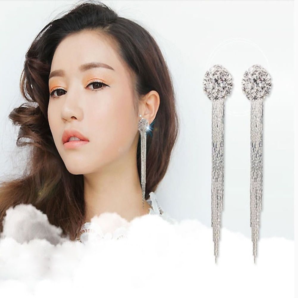 Women Shiny Rhinestone Long Tassel Dangle Stud Earrings Fashion Bride Jewelry-Silver