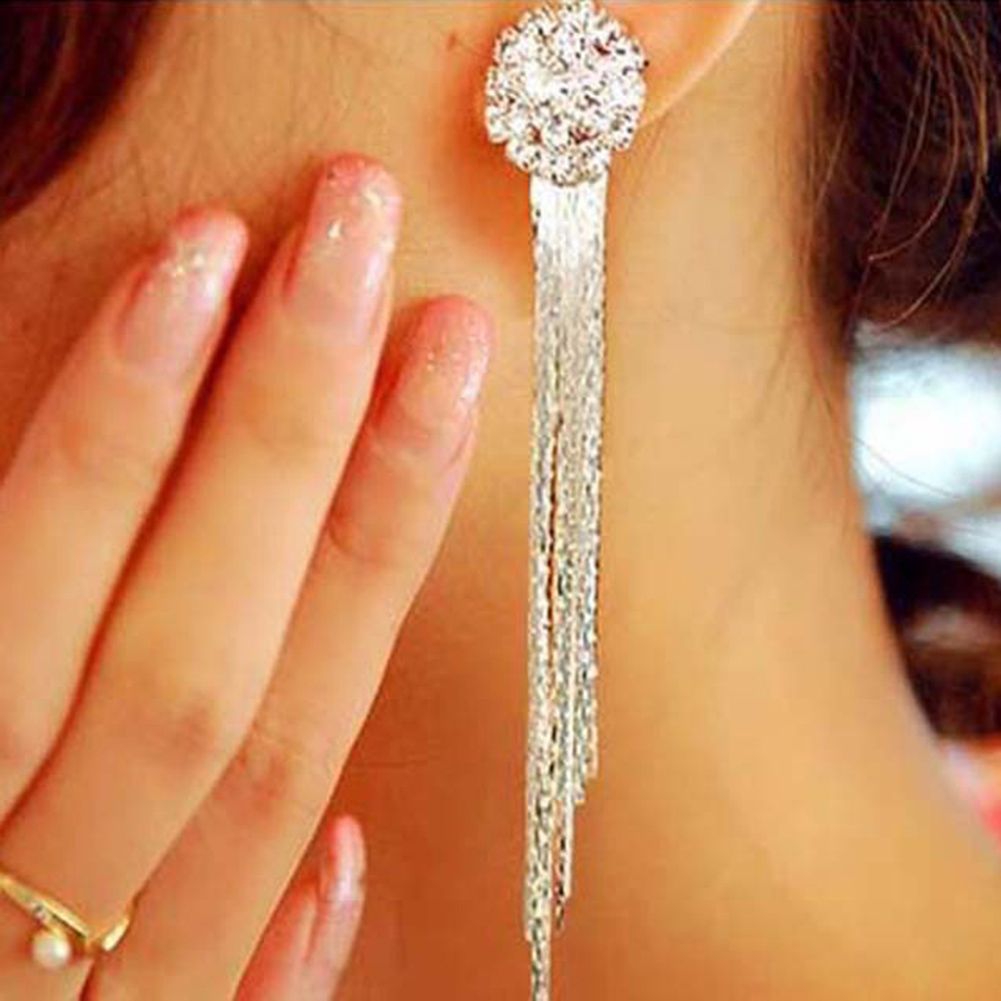 Women Shiny Rhinestone Long Tassel Dangle Stud Earrings Fashion Bride Jewelry-Silver
