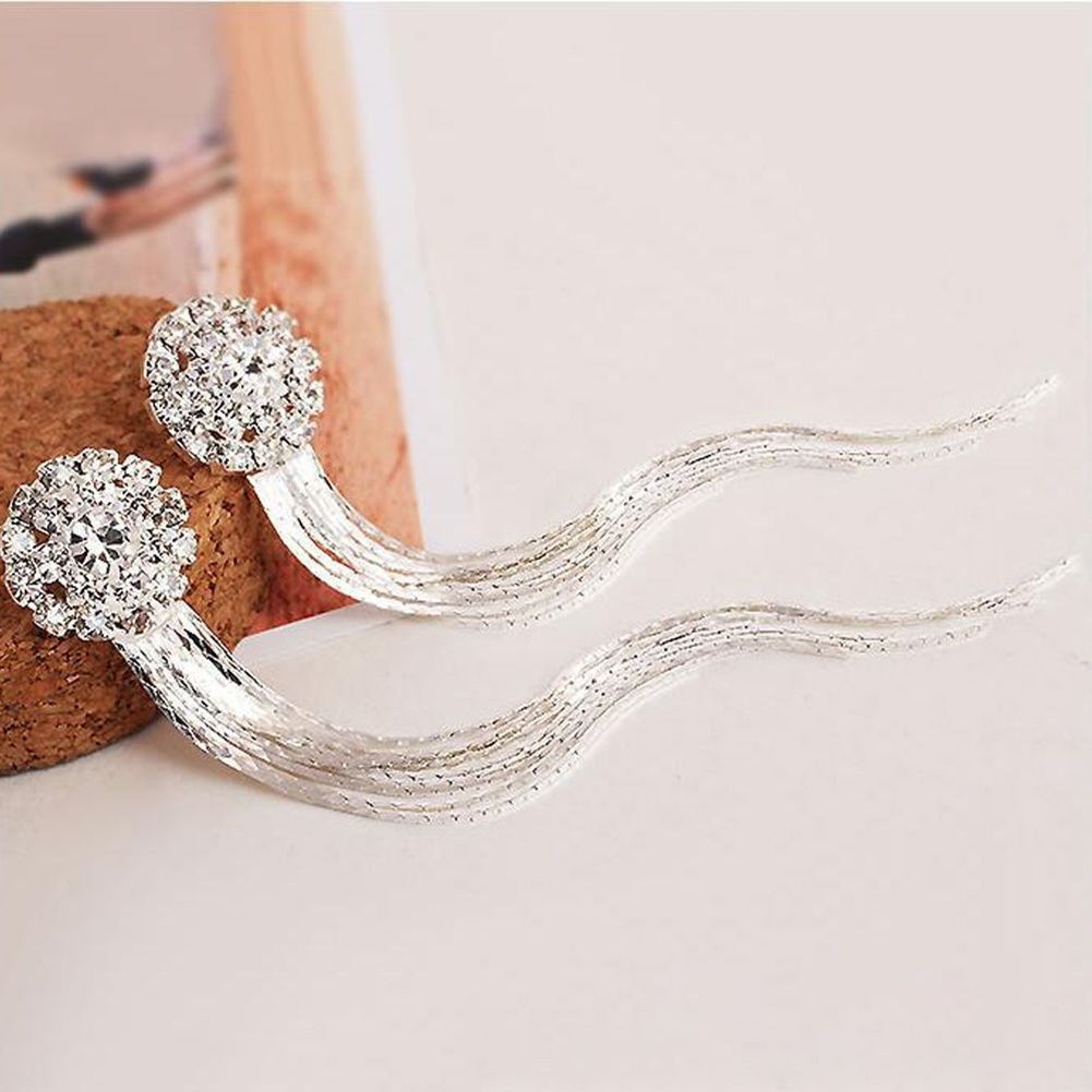 Women Shiny Rhinestone Long Tassel Dangle Stud Earrings Fashion Bride Jewelry-Silver
