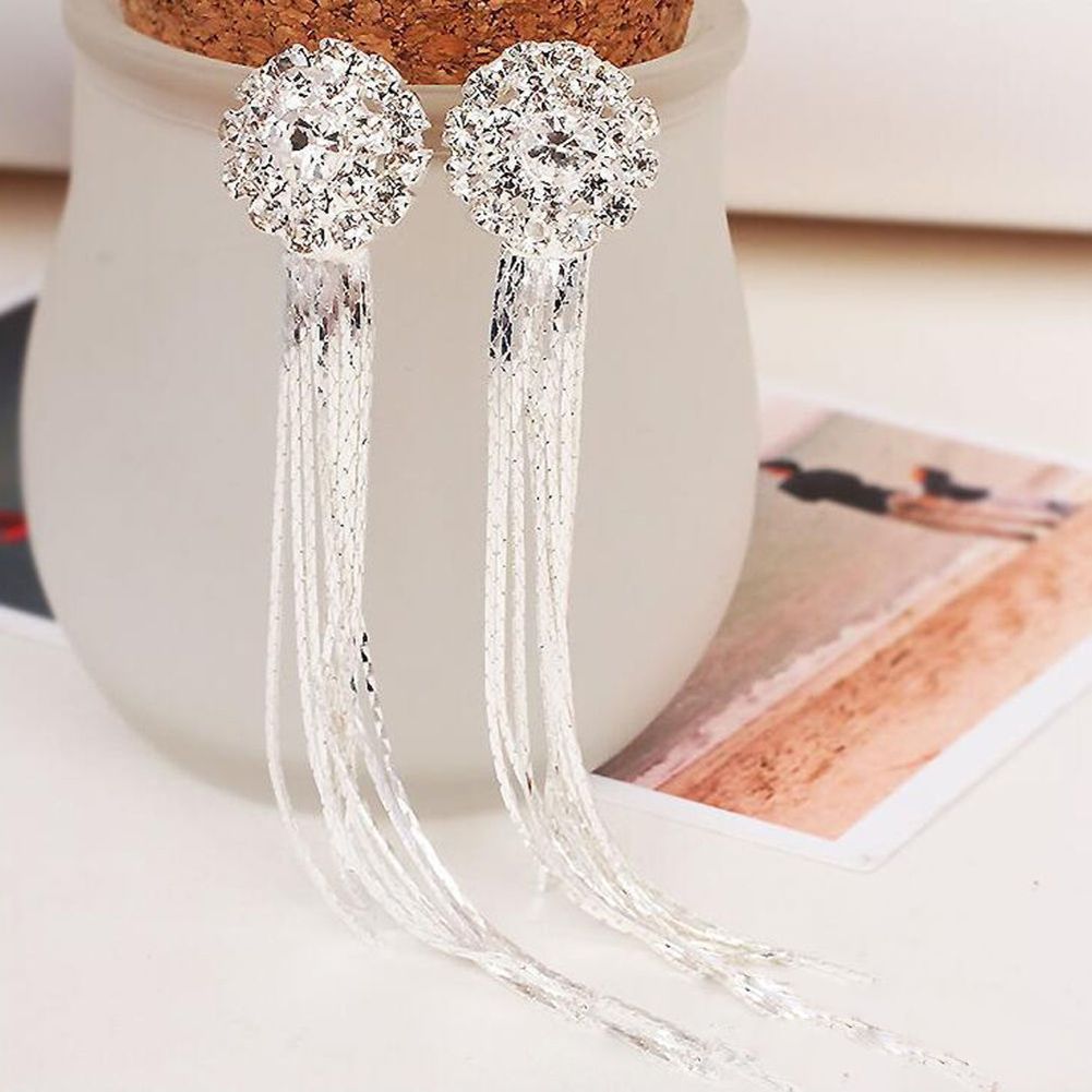 Women Shiny Rhinestone Long Tassel Dangle Stud Earrings Fashion Bride Jewelry-Silver