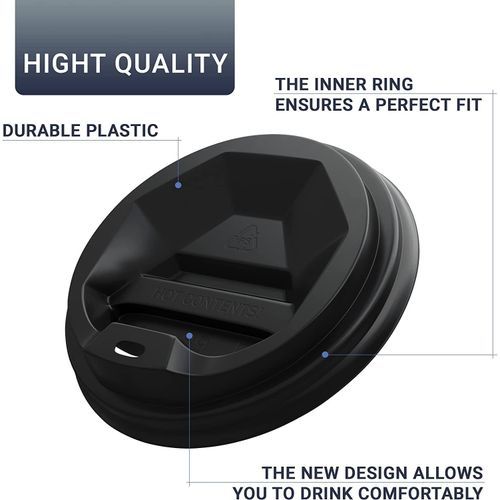 50 Pack Coffee Cup Lids, Black Traveler Disposable Plastic