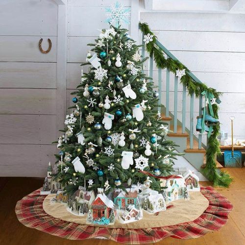 120cm Round Plaid Trim Carpet Floor Mat Christmas Tree-