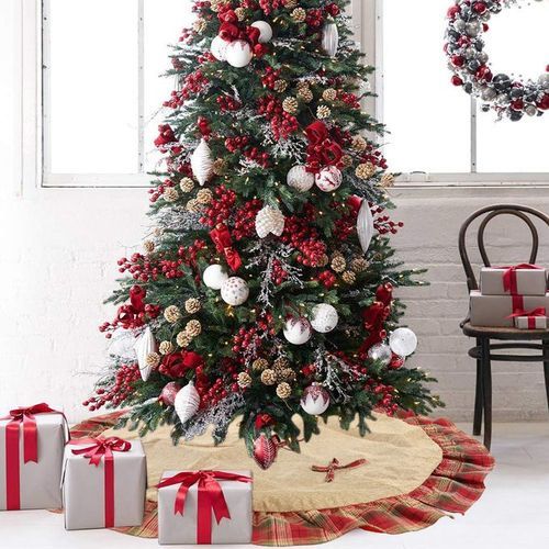 120cm Round Plaid Trim Carpet Floor Mat Christmas Tree-