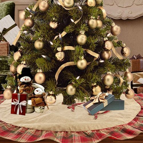 120cm Round Plaid Trim Carpet Floor Mat Christmas Tree-