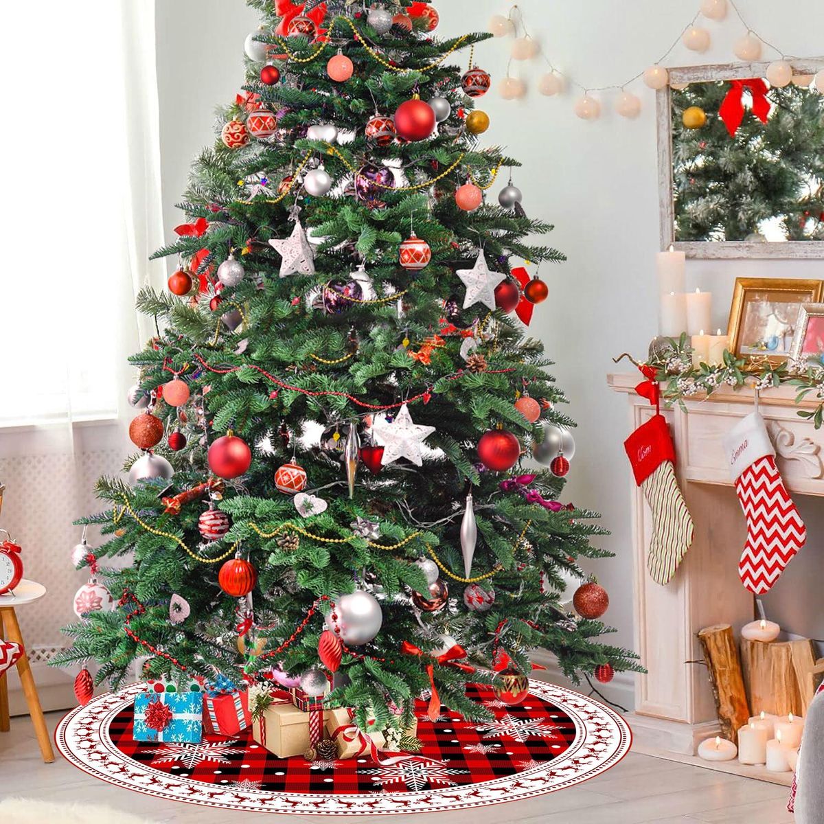Christmas Tree Skirt 48 inch - Snow Plaid Tree Skirt - Xmas Tree Ornaments