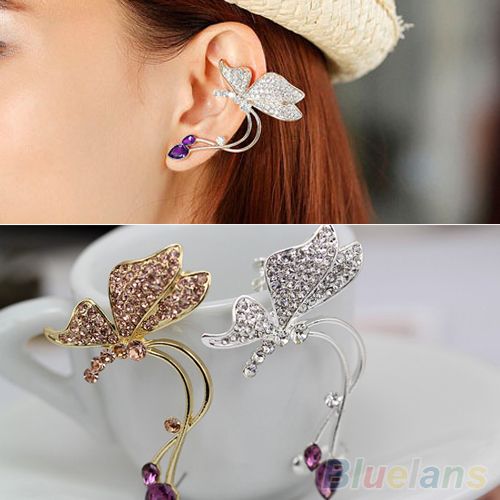 1Pc Elegant Women Crystal Ear Clip Butterfly Earring Stud For Left Ear-Golden