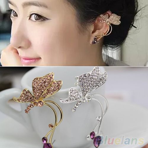 1Pc Elegant Women Crystal Ear Clip Butterfly Earring Stud For Left Ear-Golden
