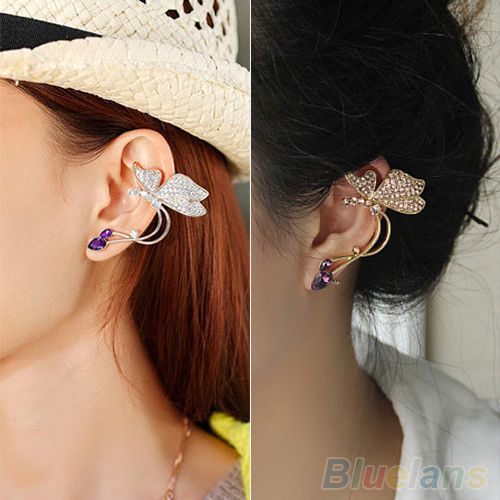 1Pc Elegant Women Crystal Ear Clip Butterfly Earring Stud For Left Ear-Golden