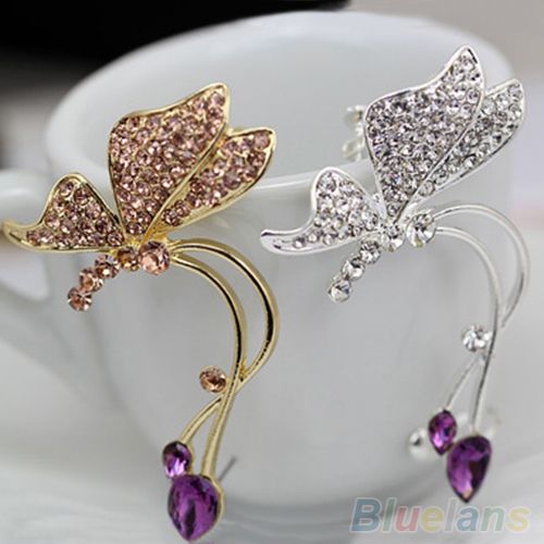 1Pc Elegant Women Crystal Ear Clip Butterfly Earring Stud For Left Ear-Golden