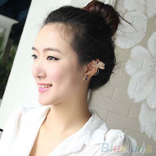 1Pc Elegant Women Crystal Ear Clip Butterfly Earring Stud For Left Ear-Golden
