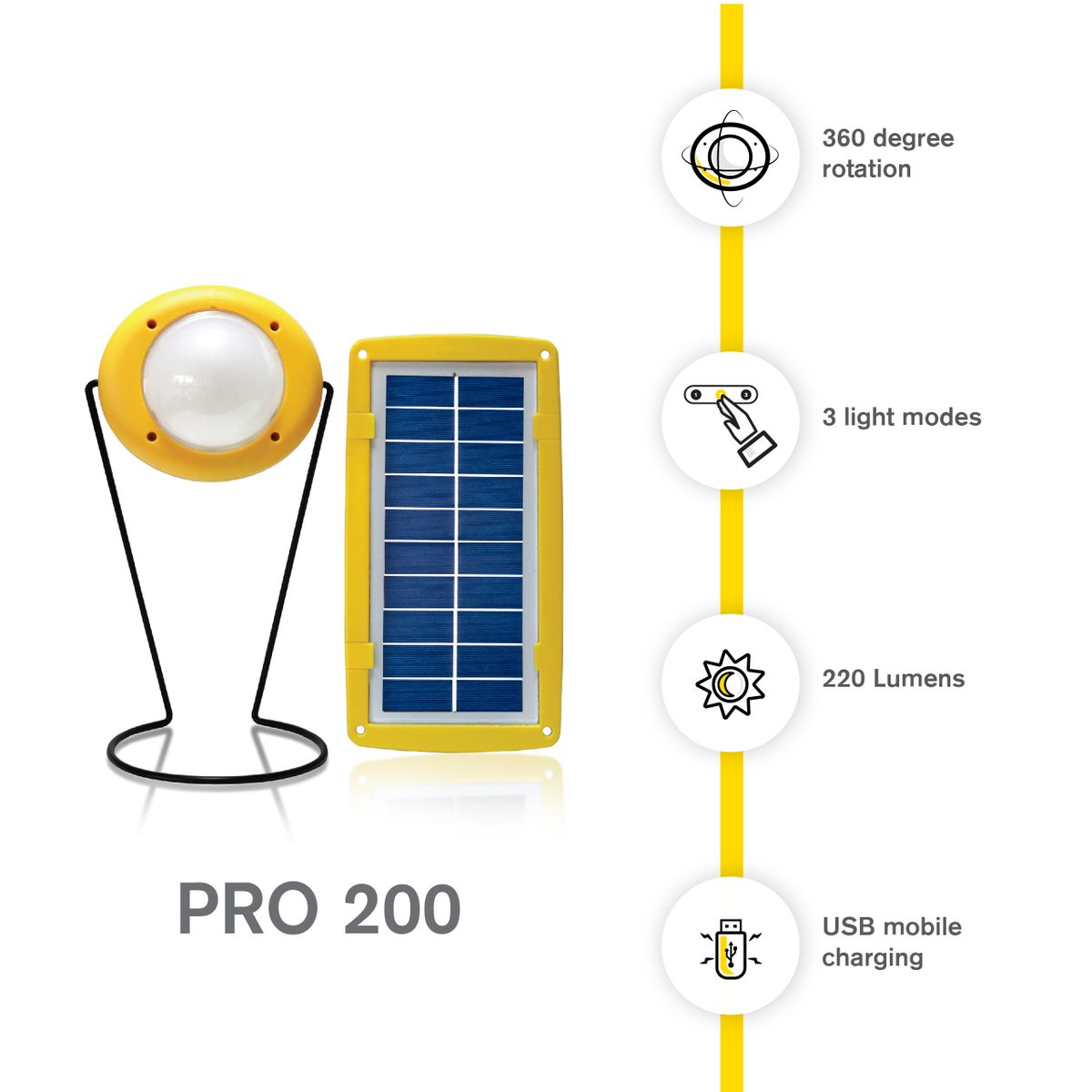 Pro 200 Solar Light With USB Mobile Charging - Yellow