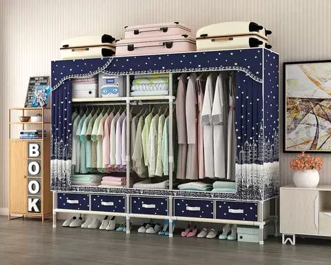 Double Size Iron Steel Foldable Fabric Wardrobe With Drawer