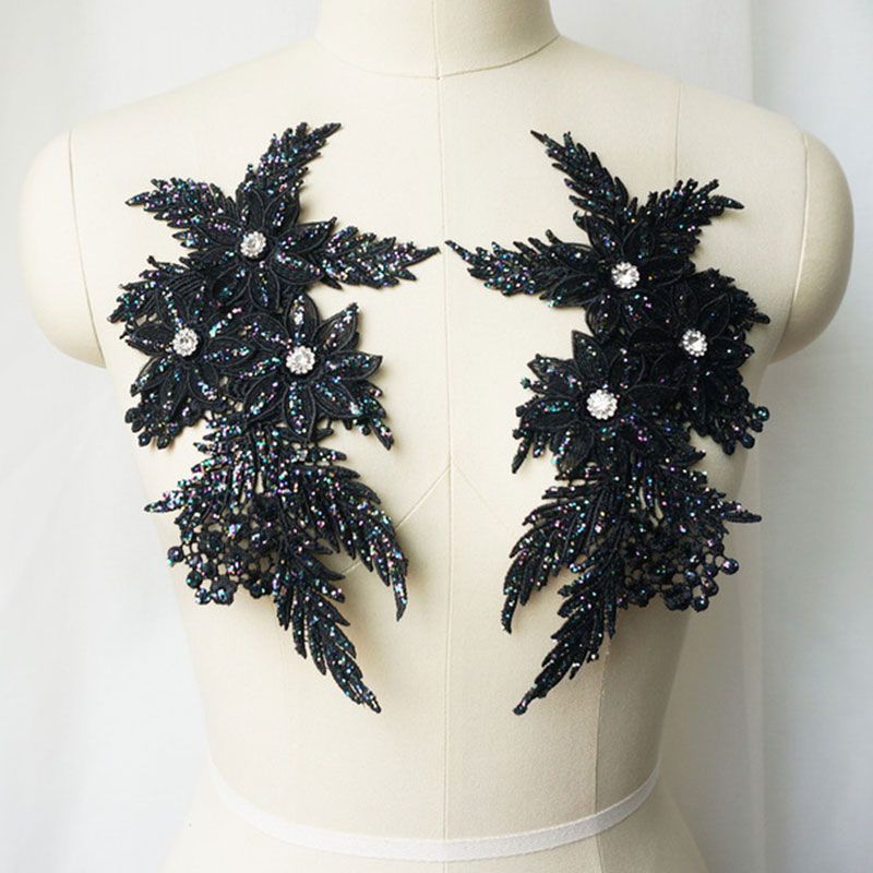 2Pcs Embroidered Sequin Cloth Sticker Rhinestones Sequin Lace Applique Sewing Flower Fabric Patch For Wedding Dress Diy Crafts Black