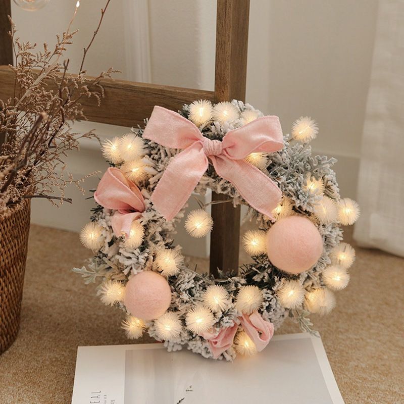 30CM Christmas Artificial Rattan Flower Door Hanging Wreath With String Light Wall Decoration For Home Festival Party B