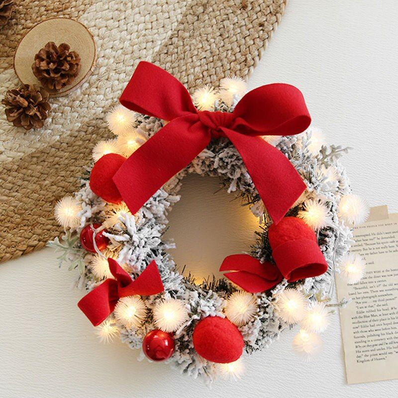 30CM Christmas Artificial Rattan Flower Door Hanging Wreath With String Light Wall Decoration For Home Festival Party B