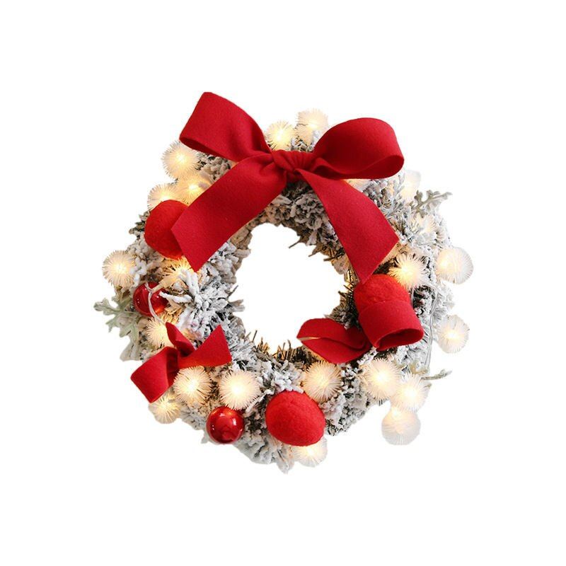 30CM Christmas Artificial Rattan Flower Door Hanging Wreath With String Light Wall Decoration For Home Festival Party B