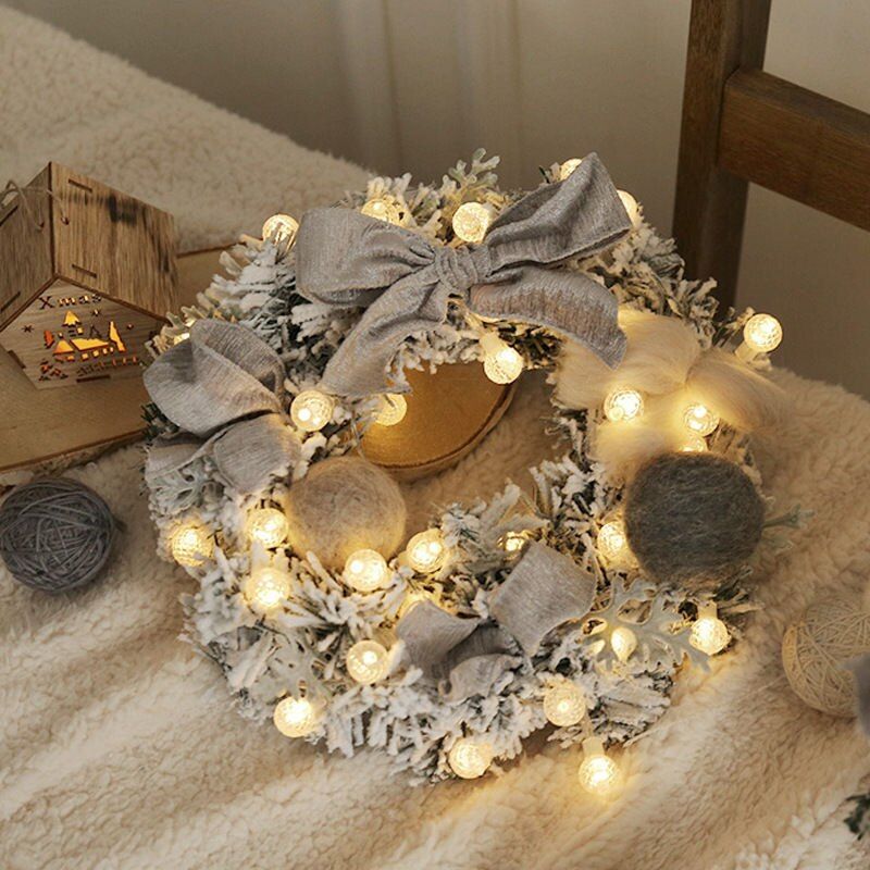 30CM Christmas Artificial Rattan Flower Door Hanging Wreath With String Light Wall Decoration For Home Festival Party B