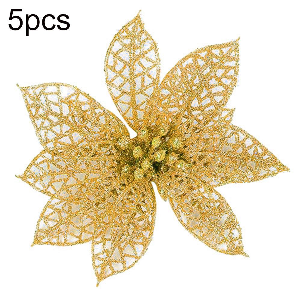 5Pcs Glitter Hollow Artificial Christmas Flower-Golden