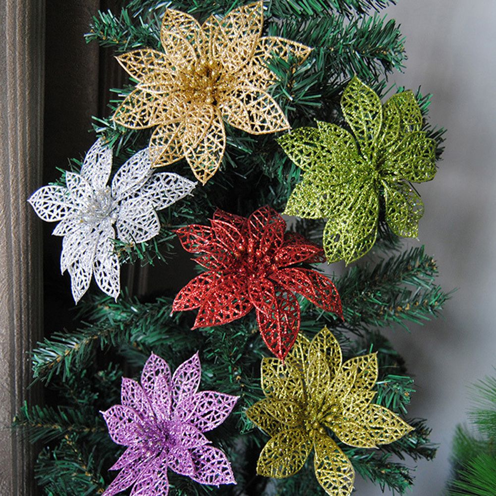 5Pcs Glitter Hollow Artificial Christmas Flower-Golden