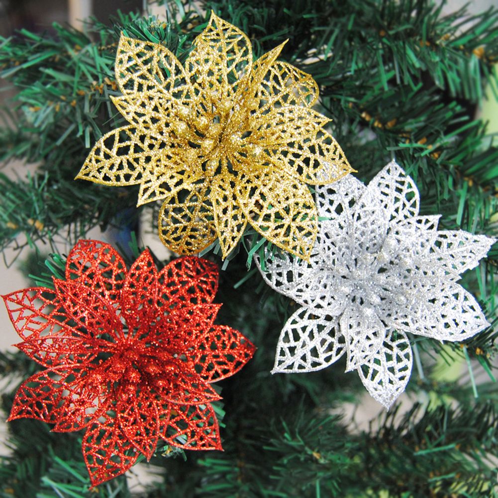 5Pcs Glitter Hollow Artificial Christmas Flower-Golden