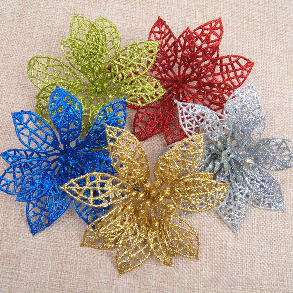 5Pcs Glitter Hollow Artificial Christmas Flower-Golden